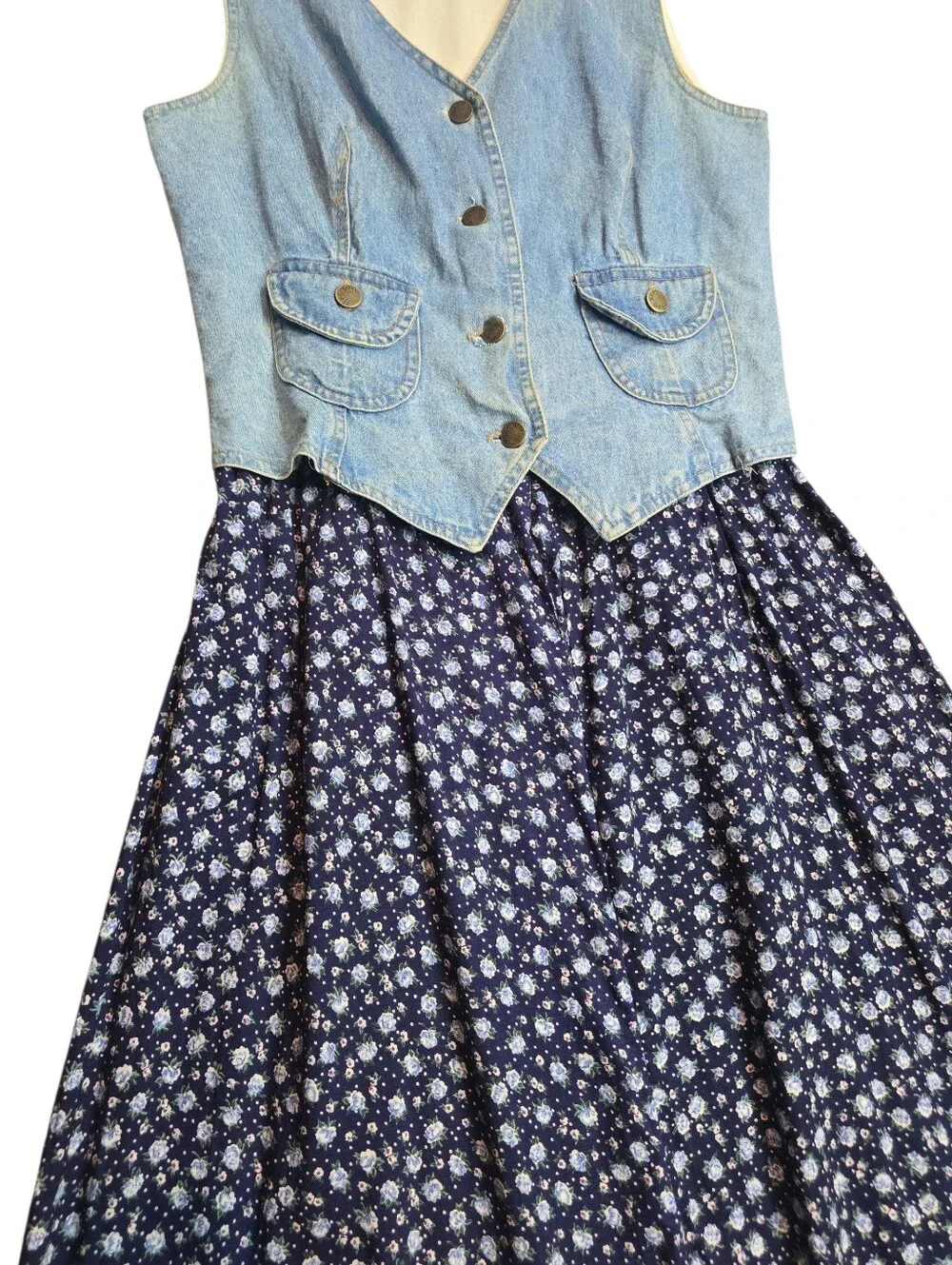 Vintage 90s Paris Blues Denim Vest Floral Maxi Dress Size 9 Cottagecore Grunge - Picture 2 of 13